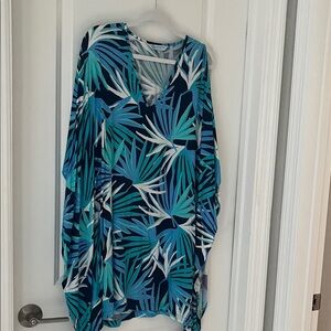 escapada Tropical Palm-Print Midi Dress in Navy, Teal & White